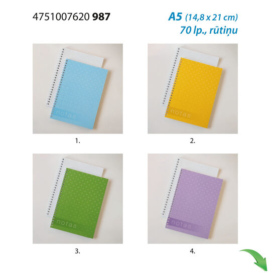 A5 bloknots ar spirāli augšā un KRĀSAINO vāku